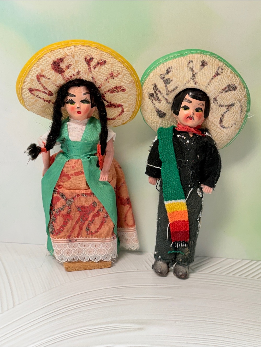 Vintage Mexican Souvenir Dolls Pair Folk Art Sombrero Dolls Traditional Costume